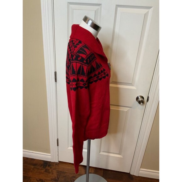 Lauren Ralph Lauren Red Navy Blue Patterned Shawl Collar Sweater W/Toggle Size M - Picture 2 of 5